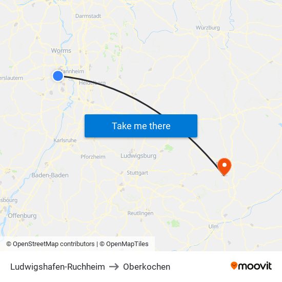 Ludwigshafen-Ruchheim to Oberkochen map