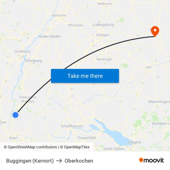 Buggingen (Kernort) to Oberkochen map