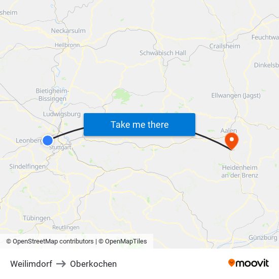 Weilimdorf to Oberkochen map