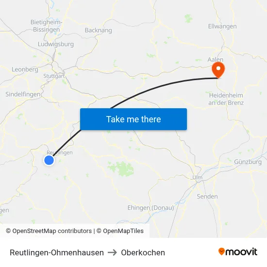 Reutlingen-Ohmenhausen to Oberkochen map