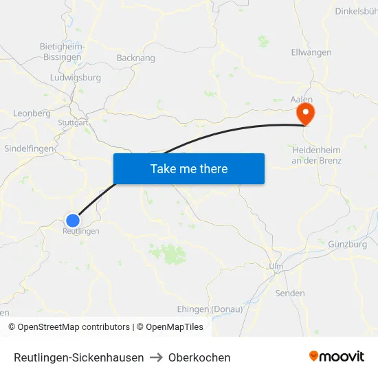 Reutlingen-Sickenhausen to Oberkochen map