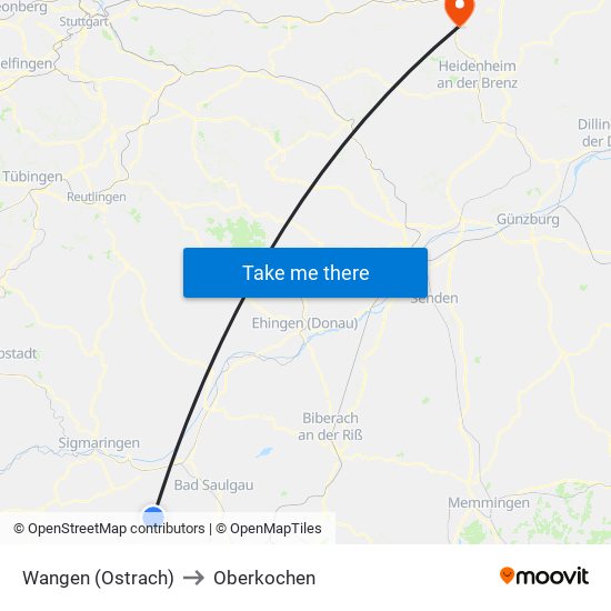 Wangen (Ostrach) to Oberkochen map