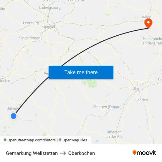 Gemarkung Weilstetten to Oberkochen map