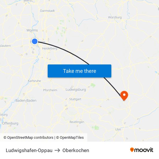 Ludwigshafen-Oppau to Oberkochen map