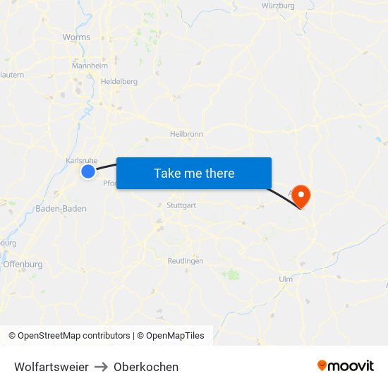 Wolfartsweier to Oberkochen map