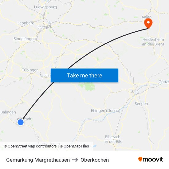 Gemarkung Margrethausen to Oberkochen map