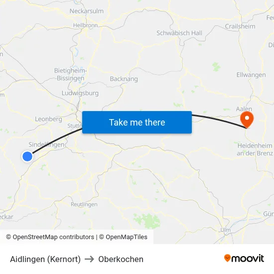 Aidlingen (Kernort) to Oberkochen map