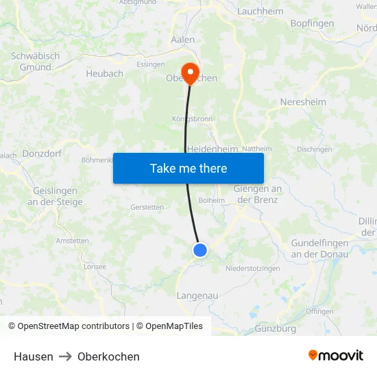 Hausen to Oberkochen map