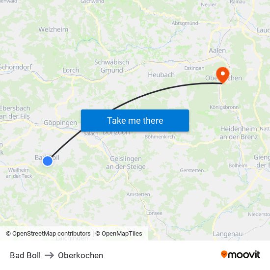 Bad Boll to Oberkochen map