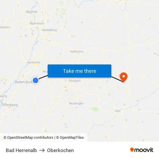 Bad Herrenalb to Oberkochen map