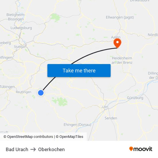 Bad Urach to Oberkochen map