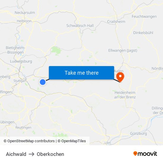 Aichwald to Oberkochen map