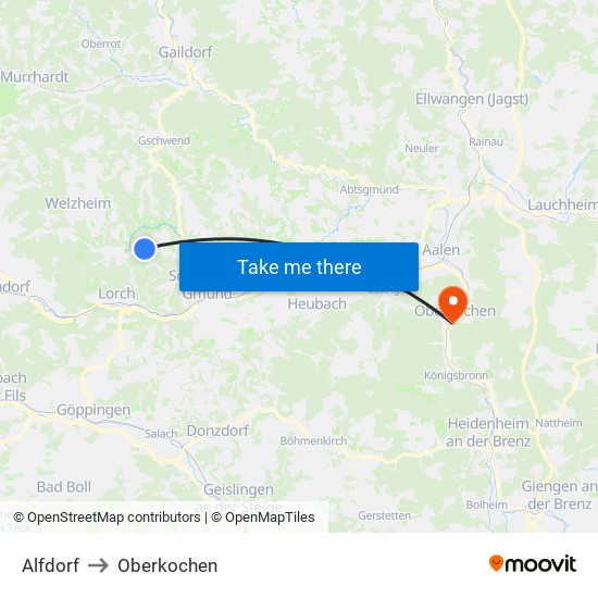 Alfdorf to Oberkochen map