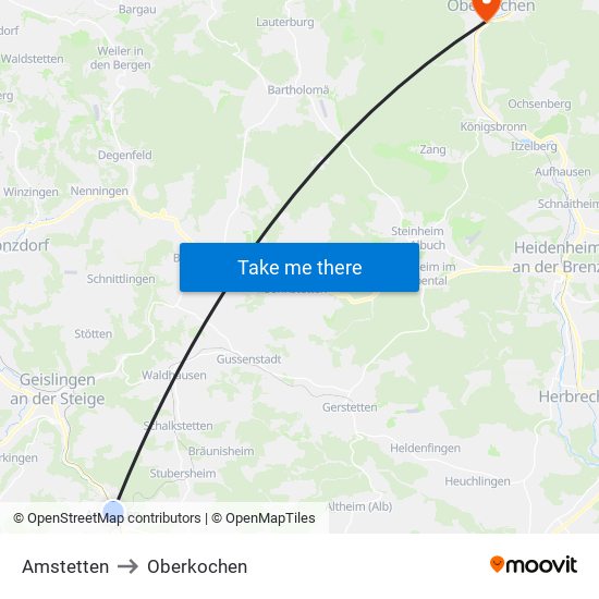 Amstetten to Oberkochen map