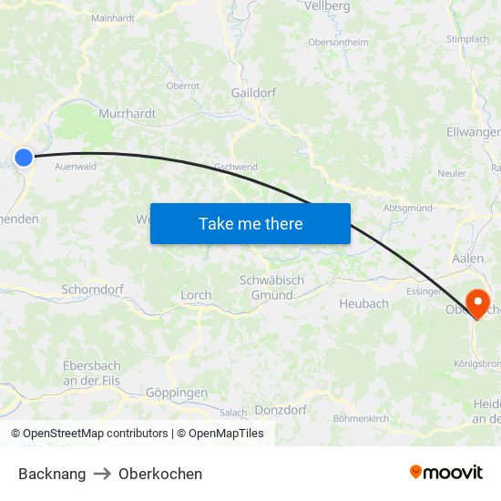 Backnang to Oberkochen map