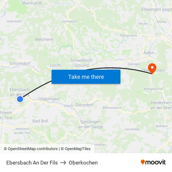 Ebersbach An Der Fils to Oberkochen map