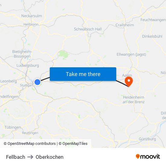 Fellbach to Oberkochen map