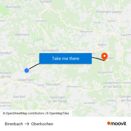 Birenbach to Oberkochen map