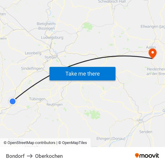 Bondorf to Oberkochen map
