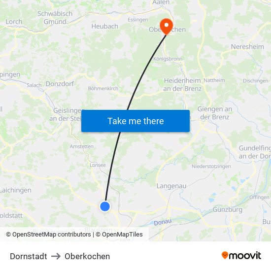 Dornstadt to Oberkochen map