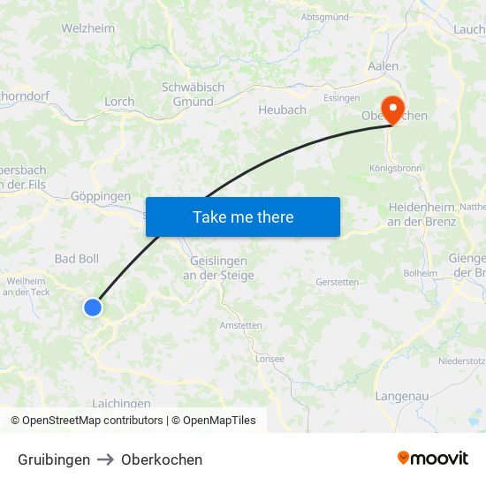 Gruibingen to Oberkochen map