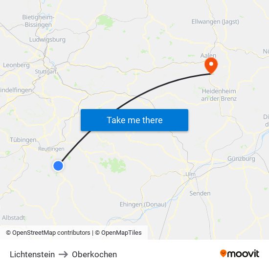 Lichtenstein to Oberkochen map