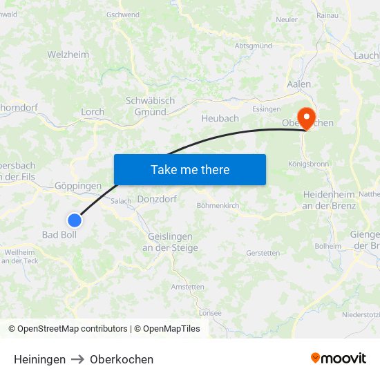 Heiningen to Oberkochen map