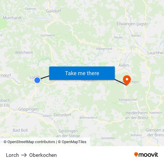 Lorch to Oberkochen map