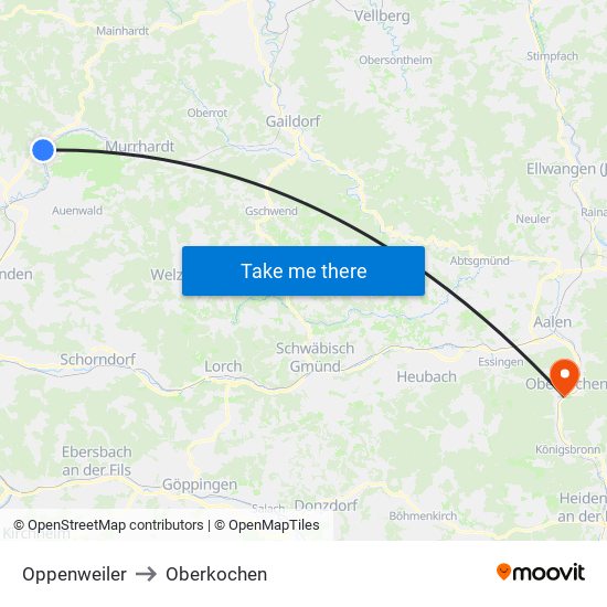 Oppenweiler to Oberkochen map