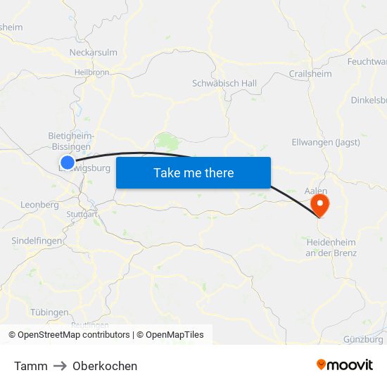 Tamm to Oberkochen map