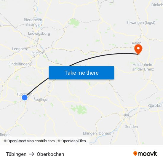 Tübingen to Oberkochen map