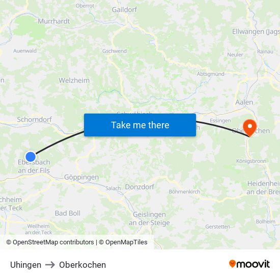 Uhingen to Oberkochen map