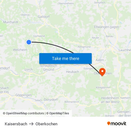 Kaisersbach to Oberkochen map