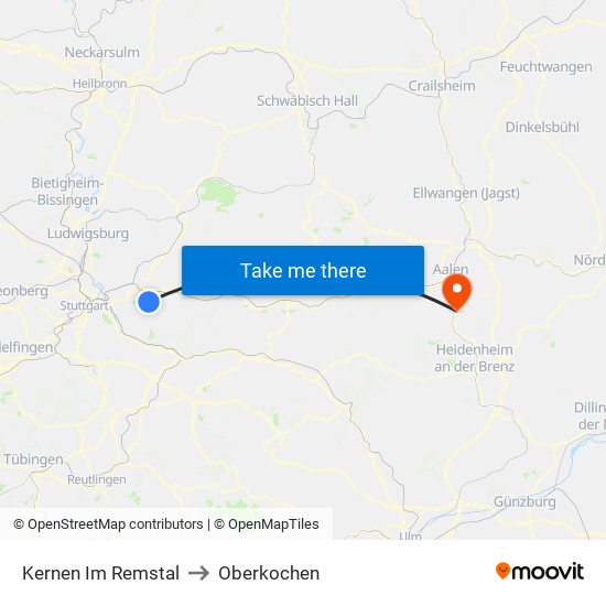 Kernen Im Remstal to Oberkochen map