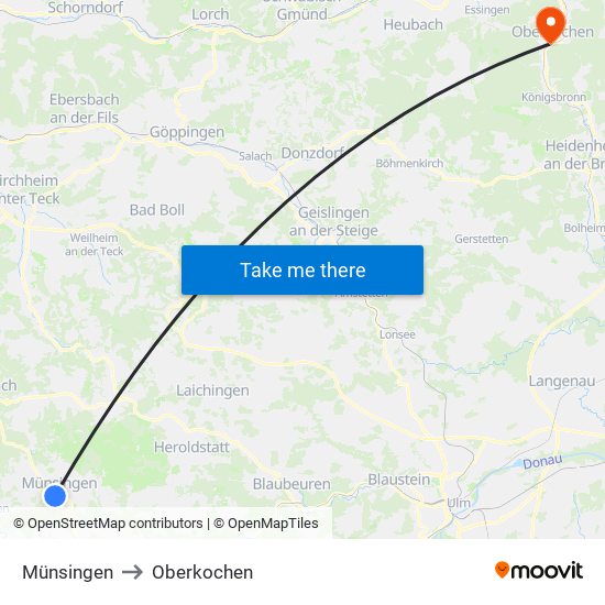 Münsingen to Oberkochen map