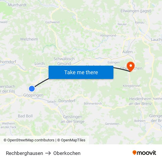 Rechberghausen to Oberkochen map