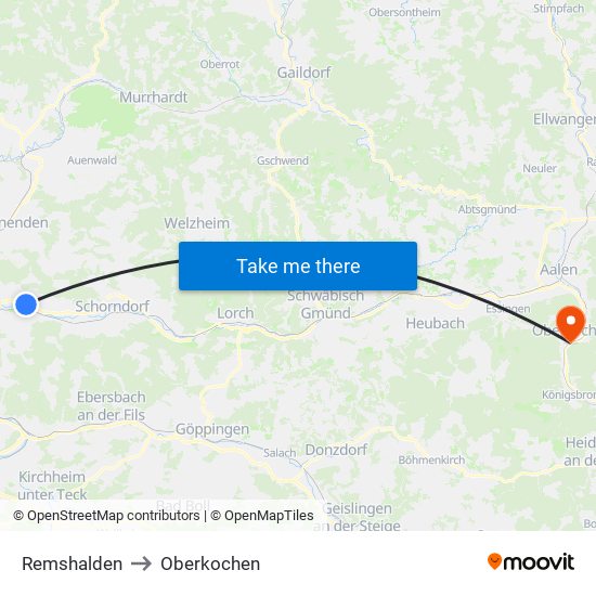 Remshalden to Oberkochen map