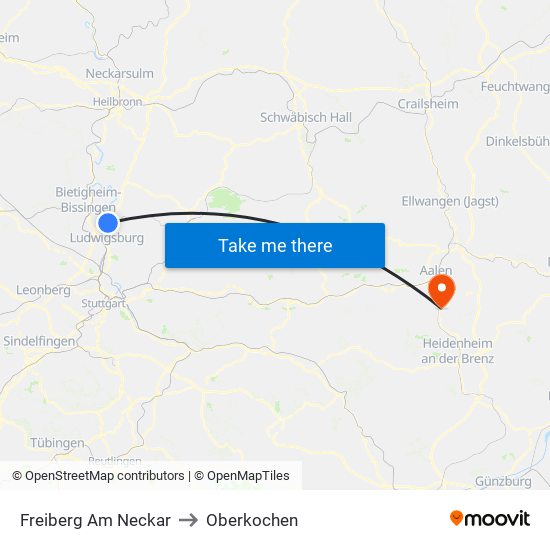 Freiberg Am Neckar to Oberkochen map