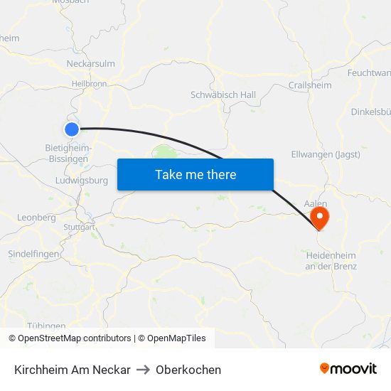 Kirchheim Am Neckar to Oberkochen map
