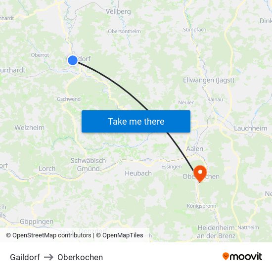 Gaildorf to Oberkochen map