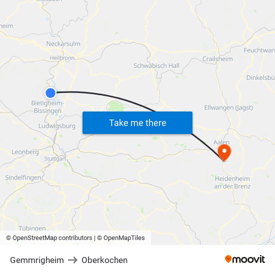Gemmrigheim to Oberkochen map