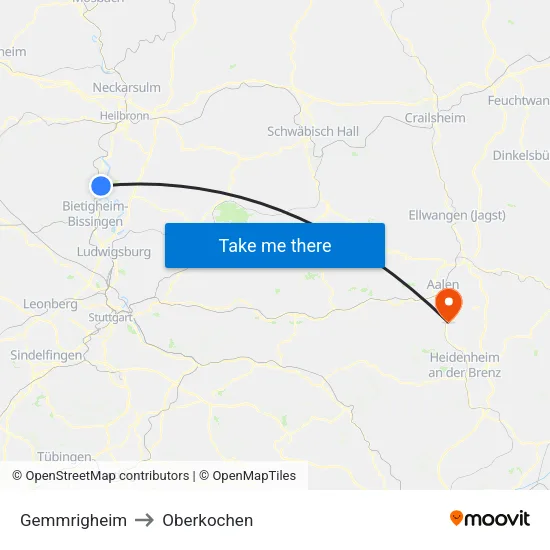 Gemmrigheim to Oberkochen map