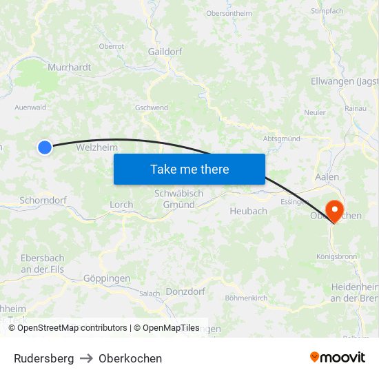 Rudersberg to Oberkochen map