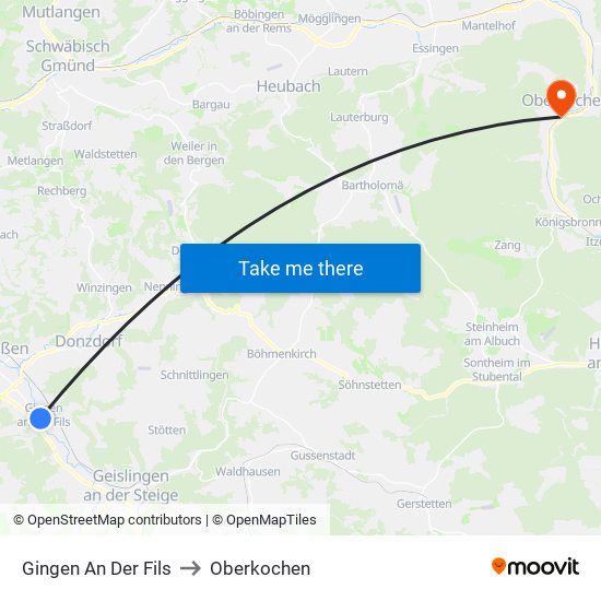 Gingen An Der Fils to Oberkochen map