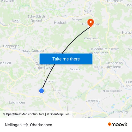 Nellingen to Oberkochen map
