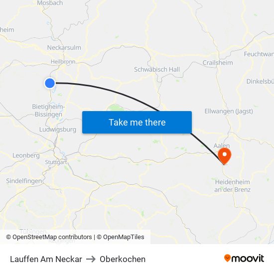 Lauffen Am Neckar to Oberkochen map
