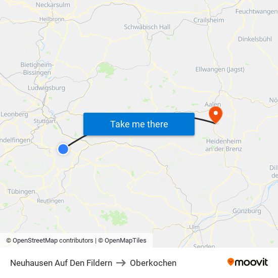 Neuhausen Auf Den Fildern to Oberkochen map