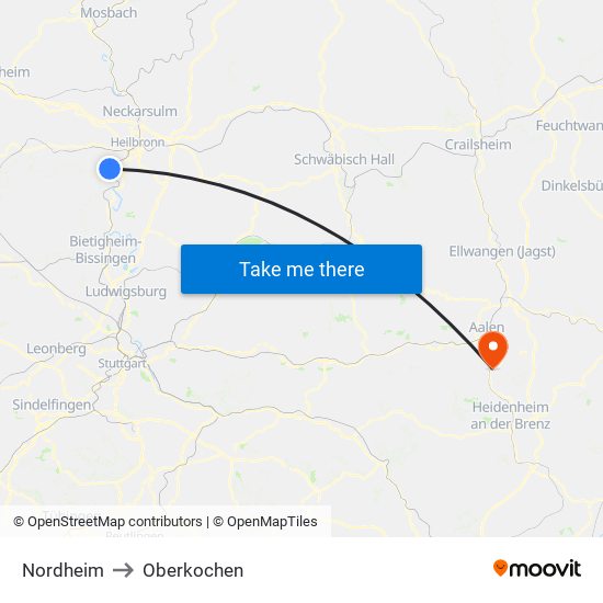 Nordheim to Oberkochen map