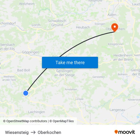 Wiesensteig to Oberkochen map