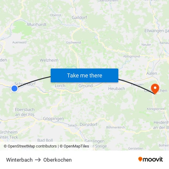 Winterbach to Oberkochen map